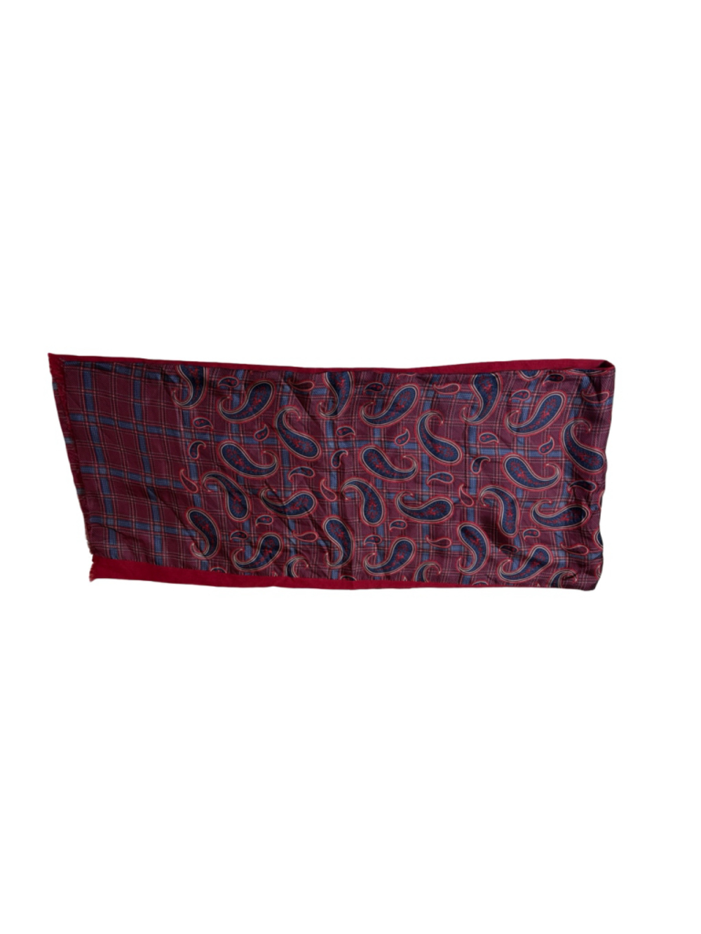 Geoffrey Beene Burgundy Blue Paisley Plaid Silk Scarf Long Rectangular Wrap